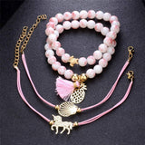 Pulseira unicórnio de 4 partes aço inoxidável / rosa