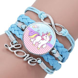 Pulseira unicórnio encantos multicoloridos azul claro